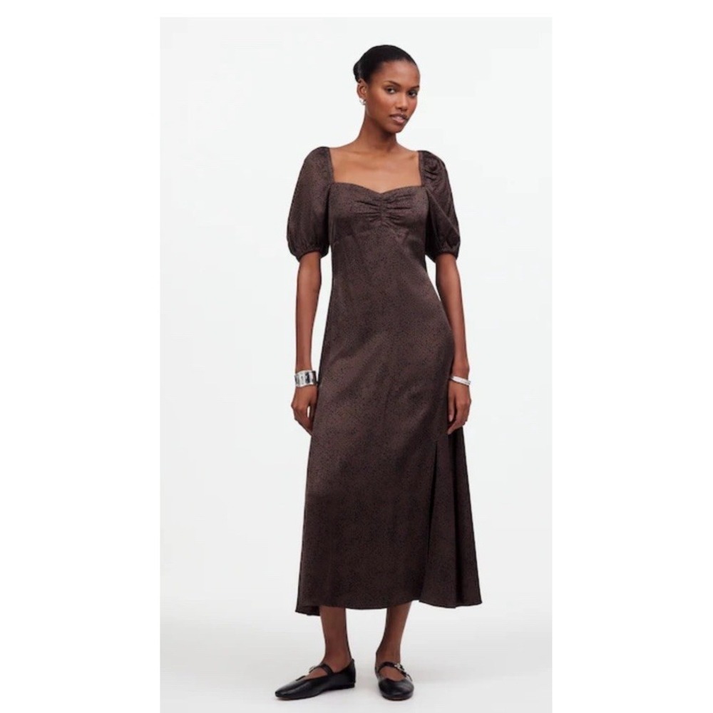 MADEWELL Brown Midi Dress Milkmaid Sweetheart Puff Sleeve Silky Modern Size 10